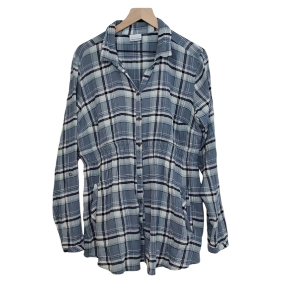 Columbia Roll-tab Sleeve Blue Plaid Outdoor Button-up Top with Pockets, XL - Picture 1 of 8